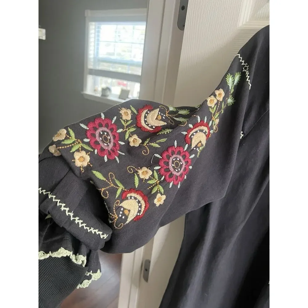 J. PETERMAN Dark Gray Floral Embroidered Bohemian Peasant Tunic Blouse Top Sz L - Picture 3 of 12